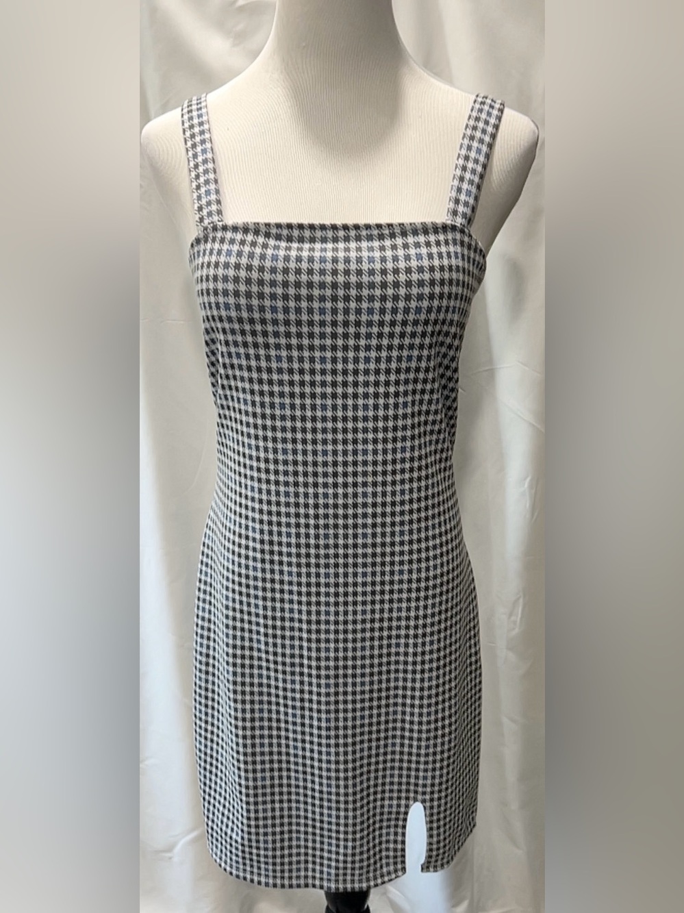 Just Polly New York Houndstooth Check Square Neck Sleeveless Midi Dress Womens L
